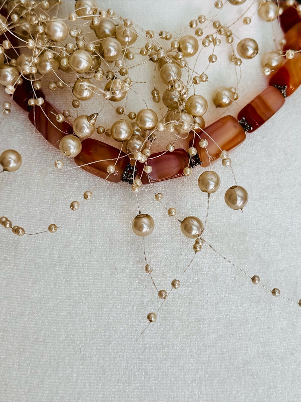 Choker Necklace Rectangular Banded Agate-Like Bead Necklace Peach Coral Silver